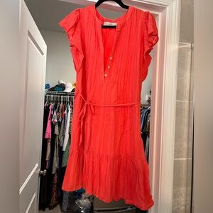 LOFT Coral Ruffle-Sleeve Tie-Waist Midi Dress